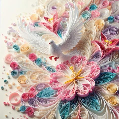 ③«Generated by BingImageCreator»
A lush, highly detailed 3D render of a delicate paper quilling art piece, showcasing a peaceful dove perched amidst intricate, swirling designs of an azalea flower, with thin, wispy paper tendrils curlycueing outward in every direction, against a soft, creamy white backdrop, bursting with an excited, vibrant color palette of pastel pinks, blues, and yellows, with an exaggerated, whimsical aesthetic, evoking a sense of wonder and magic,