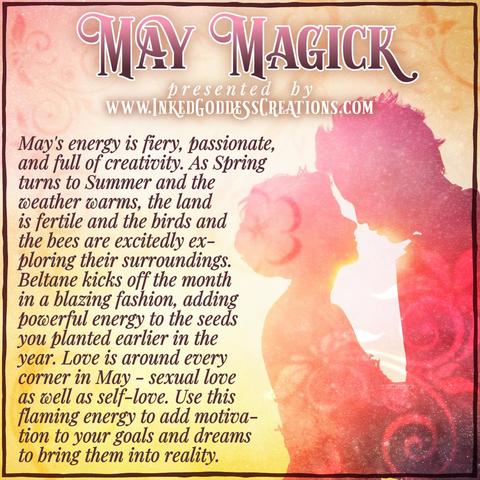 An orange and pink background features an illustration of the silhouettes of a man and a woman about to kiss. The text details the magickal energy of May and how you can use this energy to further your spiritual growth. Presented by Inked Goddess Creations.