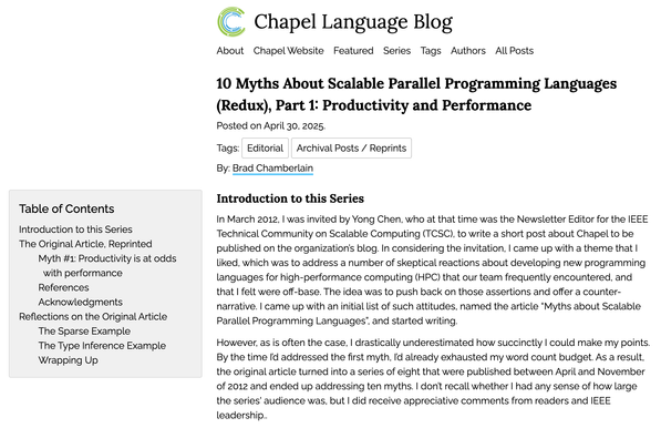 Screenshot of the linked website, showing the Chapel Language Blog article "10 Myths About Scalable Parallel Programming Languages (Redux), Part 1: Productivity and Performance"