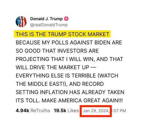 Trump claiming the stock market was his on Jan 29th 2024.  He's now claiming this economy is Biden's fault of course.