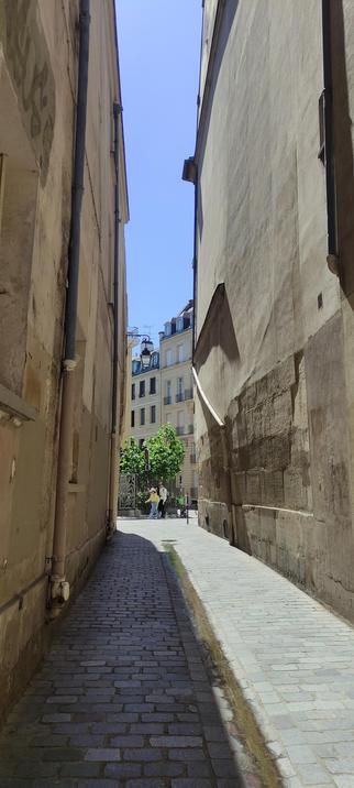 Ruelle pavée étroite, encadrée de hauts murs anciens aux teintes ocres. À l’ombre, la perspective mène vers une lumière éclatante au fond de la rue, où apparaissent un arbre feuillu et deux passants. Atmosphère calme, presque figée, contrastant avec la vie qui attend au bout.