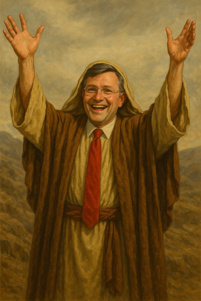 AI image of The Hypocrite Mike Johnson dressed in robes resembling Moses’ but with his traditional red necktie, he has his hands raised up jubilantly 