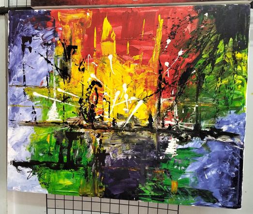 an abstract street-like scene, colors exploding and shooting around, lots of red and yellow and green and blue and black and white