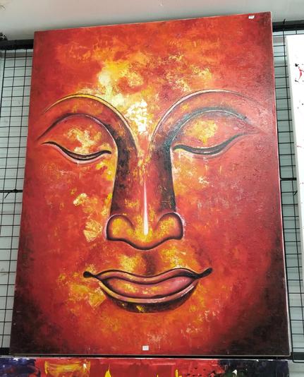 a painting of a buddha's face, here is a solar effect, his eyes low in meditation