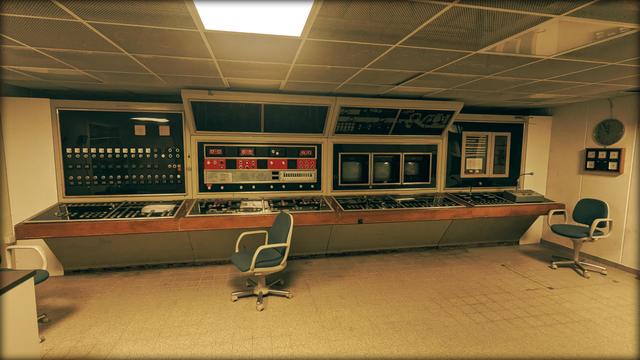 A room in an underground bunker with linoleum floors, fluorescent lights and a very Fallout/Star Trek looking instrument panel that covers the whole back wall. It has lots of dramatic looking buttons and old CRT security screens. There are clocks on the wall that show the different time zones. The biggest clock is set to 5 minutes to 12.