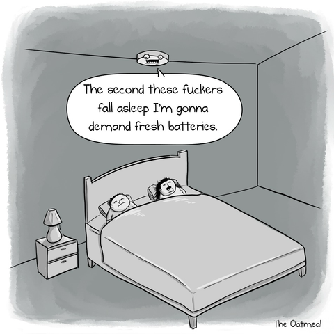 A couple is asleep in bed at night. Overhead, the smoke alarm is looking at them and saying “the second these fuckers fall asleep. I’m gonna demand fresh batteries”