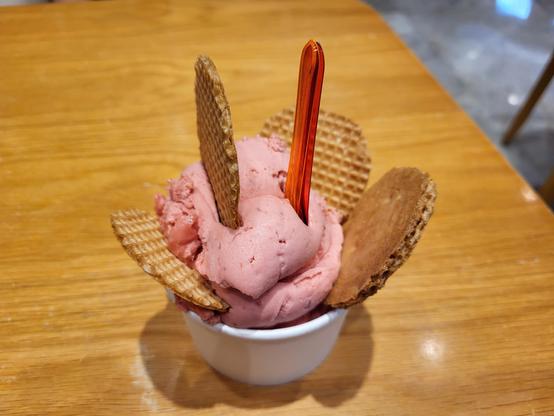 Cup of ice cream, with several waffles, and a spoon