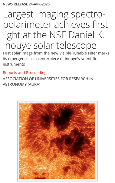 A narrow-band image of the Sun at a wavelength of λ=588.9nm - that of a well known solar sodium line also known as the “NaD line.” The image was acquired during recent first light efforts with the VTF at the Inouye, and shows how precisely the structures within a sunspot are resolved - and imply how thoroughly they can be examined by combining all data (image, spectroscopy, and polarimetry) available from the VTF. Each pixel in the original version of the image corresponds to 10 km (or 6.2 miles) on the Sun.