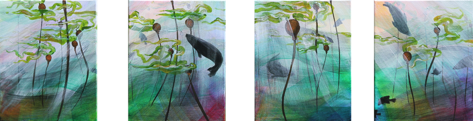 A painting on four separate canvases, aligned in a horizontal row. The series depicts an underwater bull-kelp forest with seals and rockfish swimming in various directions. The feeling of water currents and movement is created by many layers of white, green, and rainbow spectra, curling and interacting with light-rays falling from above.
