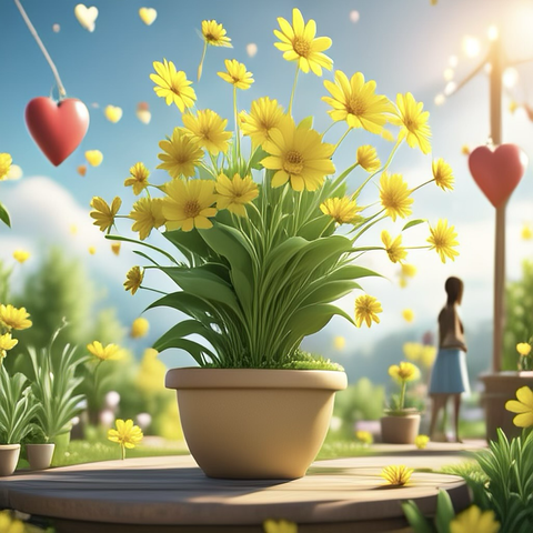 Blume im Topf mit Herzen in der Luft und sonnigen Himmel