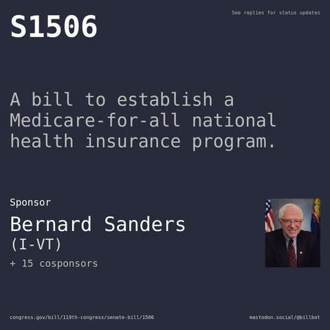 Description of S1506, and a depiction of its sponsor, Bernard Sanders.