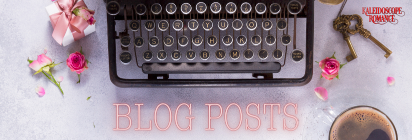 A graphic with an old style typewriter and flowers. Text reads: Blog posts
