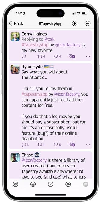 A smartphone displays a social media feed with posts discussing the Tapestry App. Two users share opinions and inquiries about the app's features and content access. The interface includes typical social media elements like user profiles, reply icons, and hashtags.