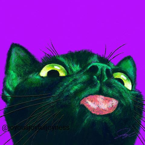 Painting of a black cat painted with green and sticking out his tongue with wide eyes. The artist's signature and @joyousjoyfuljoyness watermark are at the bottom left.