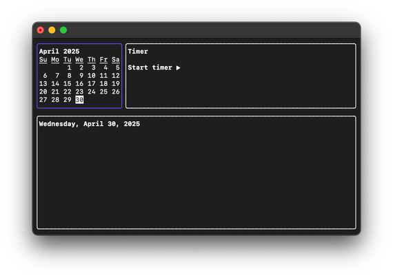 A terminal user interface with three panes. The left pane displays a calendar, the right pane has a timer button to start, and the bottom pane lists items in a 80x24 terminal window