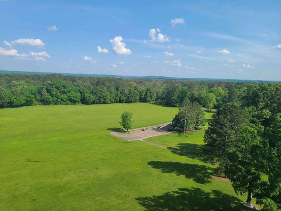 High-angle view of a grassy parkland area with a paved path, scattered trees, and a line of forest in the background on a sunny day.