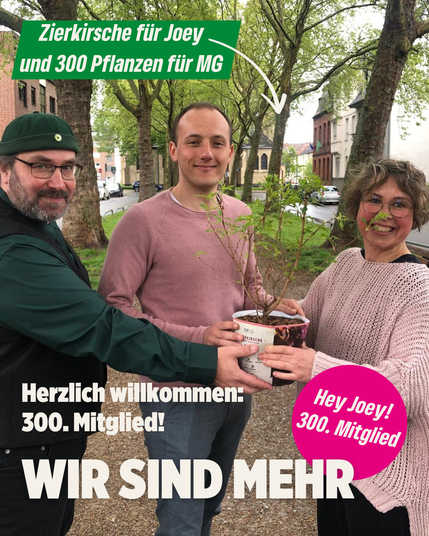 Drei Personen stehen lachend in einer Allee und halten gemeinsam eine kleine Zierkirsche im Blumentopf. In der Mitte steht Joey Stötzel, das 300. Mitglied des Grünen Kreisverbands Mönchengladbach. Links steht Karsten Daskalakis mit grüner Mütze, rechts Ilka Bresges im rosa Strickpullover. Sie überreichen Joey symbolisch die Pflanze als Willkommensgeschenk. Über dem Bild steht: „Zierkirsche für Joey und 300 Pflanzen für MG“, unten „Herzlich willkommen: 300. Mitglied! WIR SIND MEHR“. Ein pinker Kreis trägt den Text „Hey Joey! 300. Mitglied“. Hintergrund: Als Dank wird Joey eine Zierkirsche für den Garten überreicht, zudem pflanzen die Grünen mit der mags 300 mehrjährige Stauden für mehr Biodiversität in Mönchengladbach.