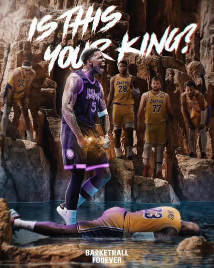 Graphic from 'Basketball Forever' of an energized Anthony Edwards standing over LeBron James, who is face-down in a body of water. Austin Reaves, Rui Hachimura, Luka Dončić, and Bronny James look on from the rocks in the background, and a stylized text overlay says "IS THIS YOUR KING?"