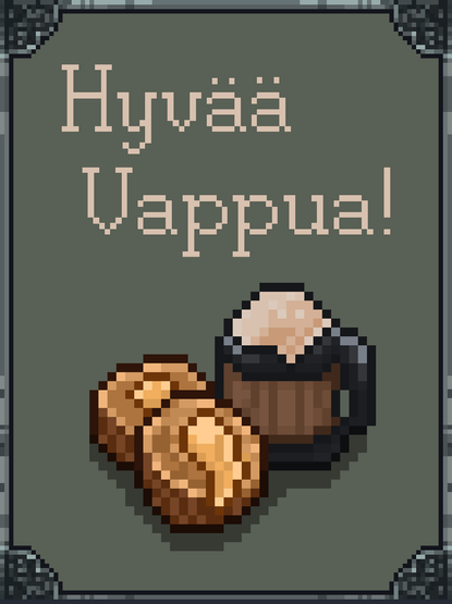 Kortti, jossa lukee 'Hyvää vappua', ja jossa on leivosten ja vaahtoavan virvoitusjuoman kuva / A card that says 'Hyvää vappua' (vappu is a Finnish celebration day for labour rights) and has a picture of pastries and a foaming beverage