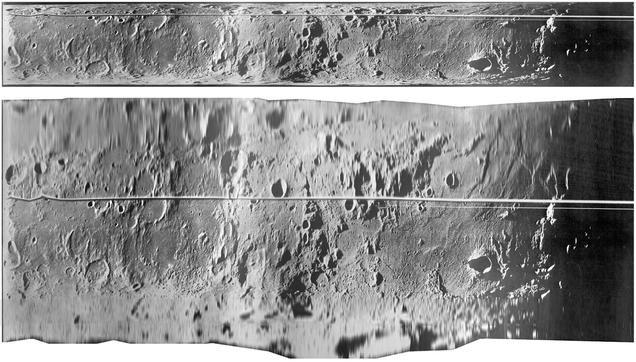 Two images from the Soviet Union's orbiter Luna 22. The top image is the original scanner strip,  made by a camera which scanned a line from horizon to horizon (top to bottom). Lines were offset along track by orbital motion.  Below it is a version of the same image which is projected to try to remove foreshortening near the horizon.