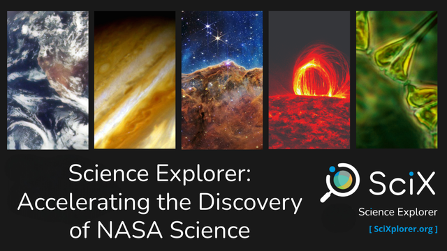 Legend reads "Science Explorer:  Accelerating the Discovery of NASA Science."  Next to text is the logo of the Science Explorer and its website address scixplorer.org.  Above the text are five vertical rectangles with photographs representing the NASA science disciplines: earth science, planetary science, astrophysics, heliophysics, and biological and physical sciences.