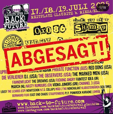 Flyer mit den Bands fürs diesjährige Festival, darüber in Rot das Wort "Abgesagt". 