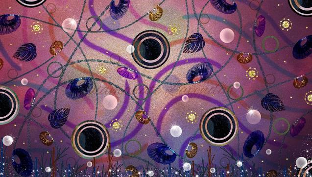 Swirling colors of purple, pink, blue, and orange fill the background as chains of blue swing in the foreground with circles of deep blue and white.  Iridescent bubbles float among the chains and circles above colorful grass covered in brilliant stars.
