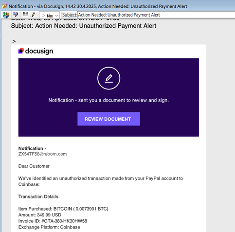 Top half of spam pretending to be from Docusign, requesting a document review.