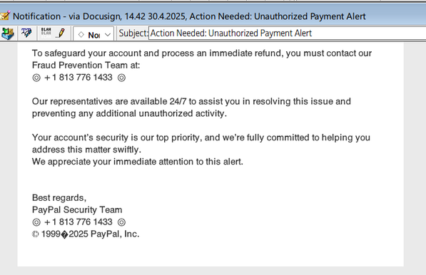 Bottom of the same spam with 'Best regards, / Paypal Security Team' and a Paypal copyright notice beneath that.