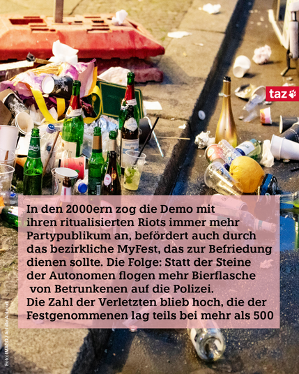 Zu sehen sind Glasflaschen und Müll am Boden. Dazu der Text:  
In den 2000ern zog die Demo mit ihren ritualisierten Riots immer mehr Partypublikum an, befördert auch durch das bezirkliche MyFest, das zur Befriedung dienen sollte. Die Folge: Statt der Steine der Autonomen flogen mehr Bierflaschen von Betrunkenen auf die Polizei. Die Zahl der Verletzten blieb hoch, die der Festgenommenen lag teils bei mehr als 500