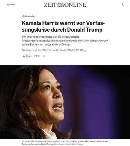Das Bild zeigt einen Screenshot von dem am 1. Mai 2025 auf Zeit Online veröffentlichten Artikel „Kamala Harris warnt vor Verfassungskrise durch Donald Trump“.
Im Untertitel heißt es dazu: „Seit ihrer Niederlage hatte sich die demokratische Präsidentschaftskandidatin öffentlich zurückgehalten. Nun kehrt sie zurück auf die Bühne – mit harter Kritik an Trump.“
Hintergrund des Tröts ist eine am 28. April in Kraft getretene Executive Order der US-Regierung, die das Handeln des Militärs, der Polizei und der Einwanderungsbehörde mit allen Vollmachten eines Polizeistaats ausstattet.
Link zu dem Zeitartikel: https://www.zeit.de/politik/ausland/2025-05/kamala-harris-trump-rede-kritik#cid-75524681
Link zu der Executive Order:
https://www.whitehouse.gov/presidential-actions/2025/04/strengthening-and-unleashing-americas-law-enforcement-to-pursue-criminals-and-protect-innocent-citizens/
