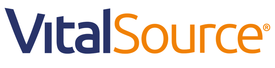 Vital source logo. Blue and orange text on a white background
