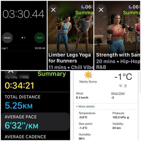 Grid of iOS screenshots:
1) Timer app showing 03:30.44.

2) Apple Fitness Limber Legs yoga for runners, 11 mins.

3) Apple Fitness Strength with Sam, 20 mins.

4) Apple Fitness Running Details:
Total Time: 0:34:21.
Total Distance: 5.25 KM.
Average Pace: 6’32”/KM.

5) Environment Canada site showing -1°C, -2°C windchill, 96% humidity, and 4 km/hr wind.