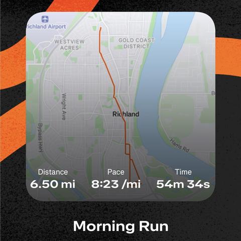 A map showing a 6.5 mile run in 54:35