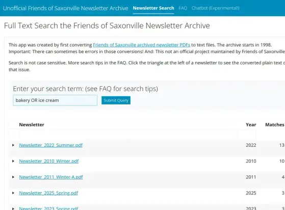 Screenshot of sample text search query "bakery OR ice cream"