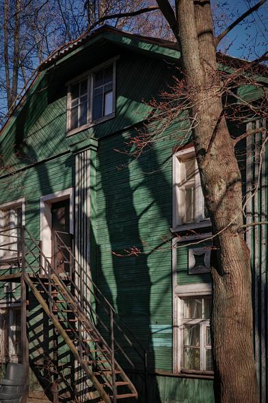 The photo shows a wooden house being shaded by a neighboring tree. 