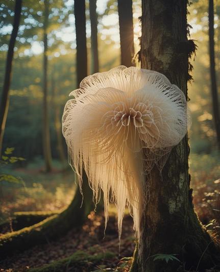 ②«#aiart Generated by LeonardoDiffusion »
A photograph captures the ethereal beauty of a "lion's mane" mushroom, its fluffy white tendrils cascading down from an ancient tree trunk like delicate spiderwebs in a magical forest. Warm sunlight filters through the canopy above, casting a golden glow over the intricate, almost otherworldly structure of the mushroom. The surrounding forest is alive with soft greens and rich browns, enhancing the enchanting atmosphere of this serene woodland scene.