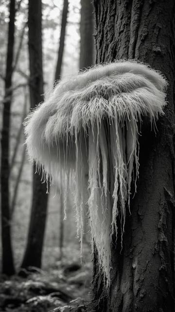 ③«Generated by MagicEraser/SDXL»
A photograph captures the ethereal beauty of a "lion's mane" mushroom, its fluffy white tendrils cascading down from an ancient tree trunk like delicate spiderwebs in a magical forest. Warm sunlight filters through the canopy above, casting a golden glow over the intricate, almost otherworldly structure of the mushroom. The surrounding forest is alive with soft greens and rich browns, enhancing the enchanting atmosphere of this serene woodland scene.