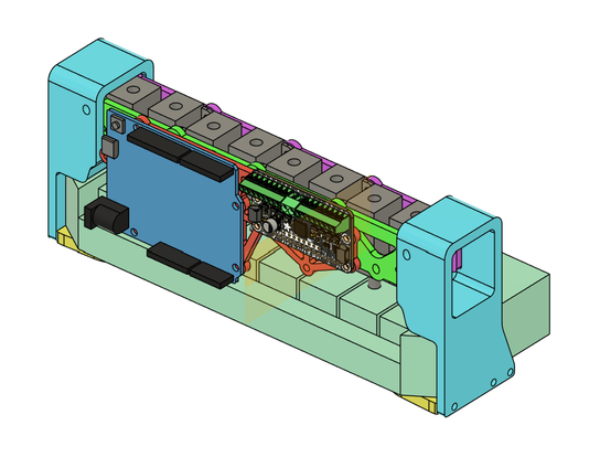 a screenshot from CAD software. it shows 3D parts mounted together with two electronic boards. the parts are brightly colored