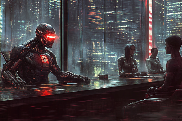 A humanoid robot judge sits at a sleek courtroom bench, coldly analyzing data, while a nervous human woman sits across the table, awaiting judgment—symbolizing the ethical tension between technology and justice.