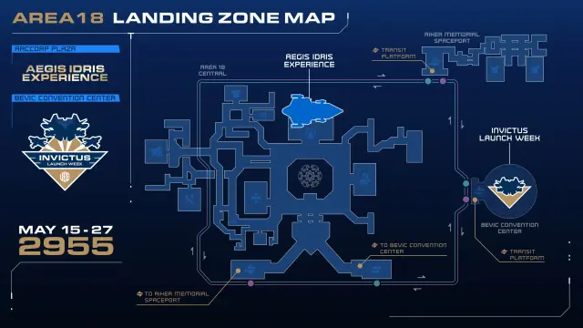 The Star Citizen Invictus Launch week 2955 Landing zone map, featuring Area18 plaza on ArcCorp. First time show of the Aegis Idris experience at the plaza. ILW2955 runs May 15th - 27th.