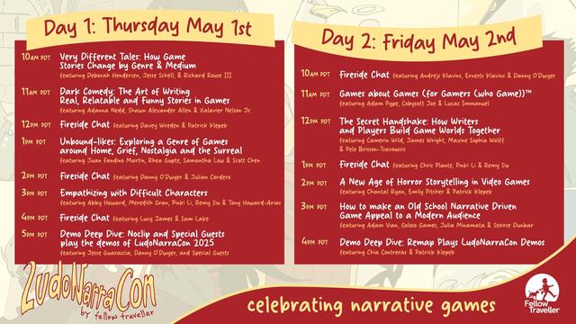LudoNarraCon's 2-day panel schedule, kicking off on May 1st 10 AM PDT and ending on May 2nd with the final session at 4 PM EDT.