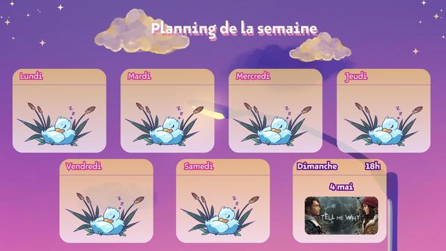 Emploi du temps de stream sur le jeu vidéo. L'illustration de fond comprend un lampadaire allumé, avec quelques nuages et étoiles, dans les tons violet, rose et jaune. Le planning annonce Tell me why le dimanche 4 mai à 18h, tandis que pour le reste des jours, le repos est illustré par un canard qui dort entouré de roseaux.