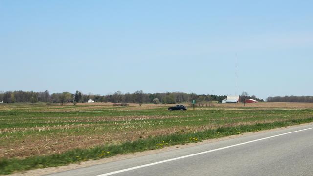 An tiny MGB GT driving among springtime farm fields on a sunny day. Trees and a barn are on the flat horizon.