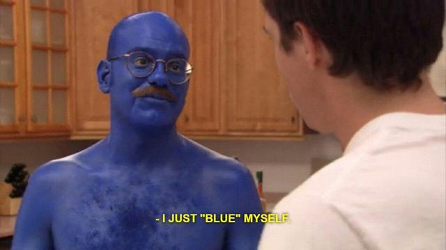 Tobias and Michael from arrested development is a kitchen. Tobias is covered in blue paint and saying "I just blue myself"