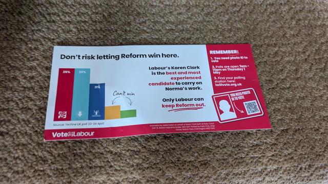 A Labour Party pamphlet with some graphs and text but the whole message is "Don't risk letting Reform win here"