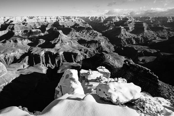 The North Rim of the Grand Canyon, seen from Maricopa Point. At the bottom of the image, the edge of the South Rim is covered in deep fresh powder.