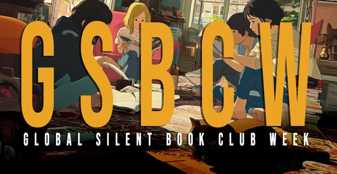 Global Silent Book Club Week logo - people and a cat reading together