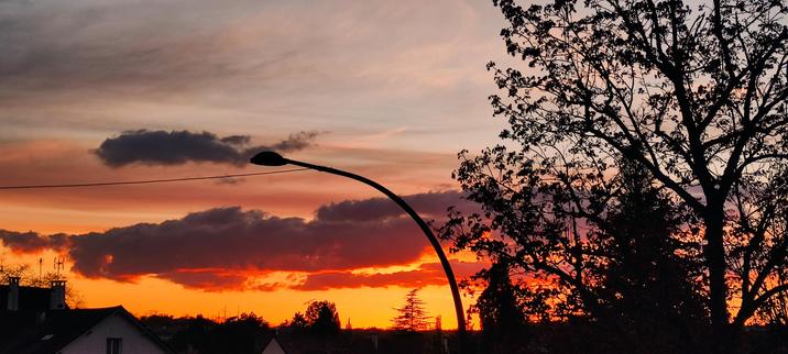 Ciel qui devient rouge, ombre d'un arbre et d'un lampadaire, nuages
