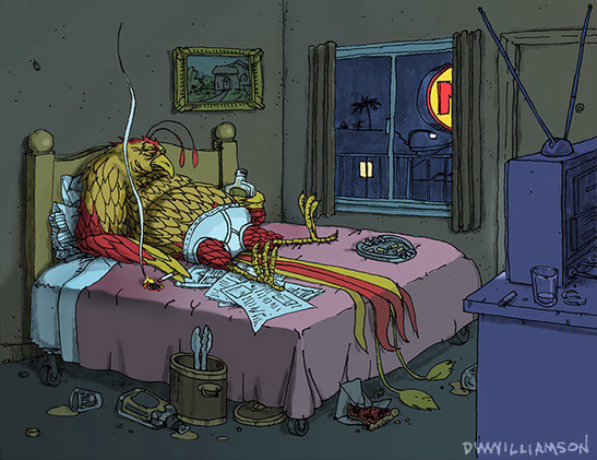 Phoenix in cheap hotel room smoking in bed in his underwear 
